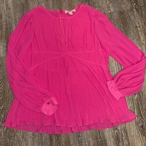 EUC - Michael Kors Vibrant Hot Pink Pleated Long Sleeve Blouse
